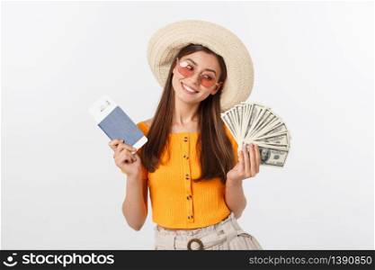 Portrait of cheerful, happy, laughing girl with hat on head, having money fan and passport with tickets in hands, isolated on white background.. Portrait of cheerful, happy, laughing girl with hat on head, having money fan and passport with tickets in hands, isolated on white background