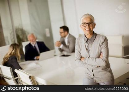 Portrait of cheerful senior businesswoman in office while other business people having meeting