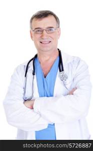 portrait of cheerful successful male doctor with stethoscope and in hospital gown
