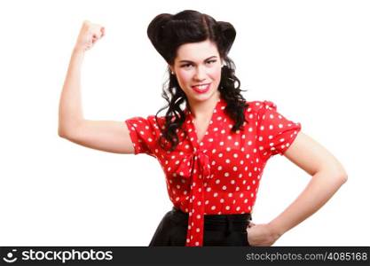 Portrait of cheerful young woman flexing her biceps isolated over white background
