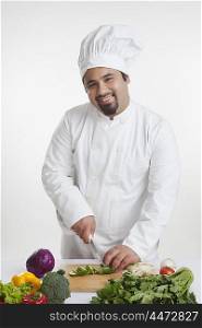Portrait of chef cutting vegetables