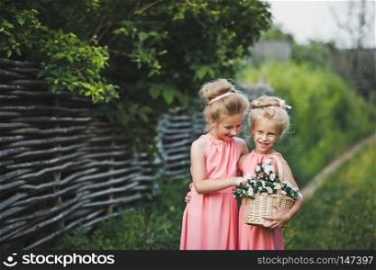 Portrait of children on the background of a rustic fence.. Girlfriend in a pink dress and with makeup on nature 6615.