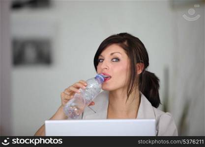 portrait of classy brunette working on laptop with bottle of water