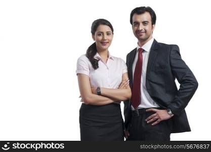 Portrait of confident business colleagues against white background