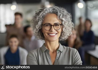 Portrait of confident business woman looking at camera in office. Work team behind. AI Generative