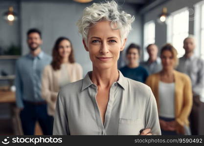 Portrait of confident business woman looking at camera in office. Work team behind. AI Generative