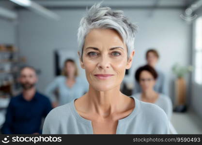 Portrait of confident business woman looking at camera in office. Work team behind. AI Generative