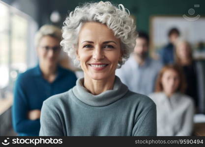 Portrait of confident business woman looking at camera in office. Work team behind. AI Generative