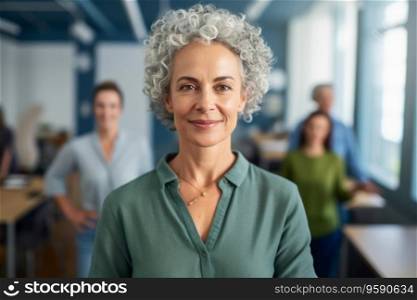 Portrait of confident business woman looking at camera in office. Work team behind. AI Generative