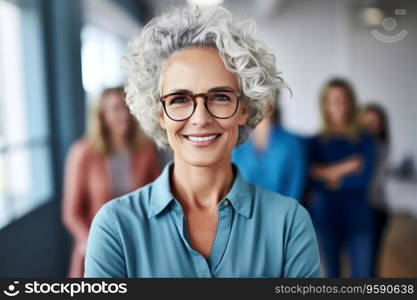 Portrait of confident business woman looking at camera in office. Work team behind. AI Generative