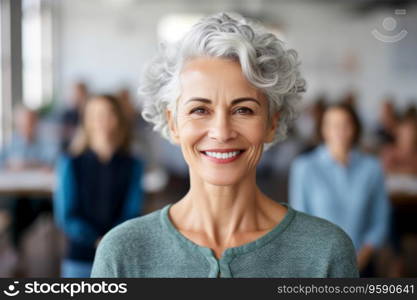 Portrait of confident business woman looking at camera in office. Work team behind. AI Generative