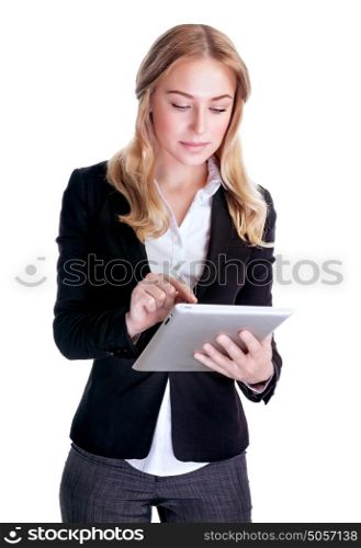 Portrait of confident business woman working on tablet isolated on white background, using modern device, smart and successful people concept