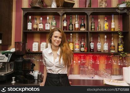 Portrait of confident female bartender at counter