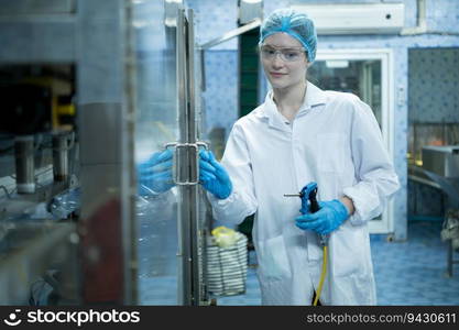 Portrait of confident female researcher carrying out scientific experiment in drink water laboratory