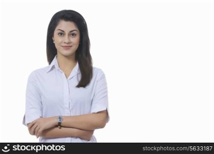 Portrait of confident Indian businesswoman against white background
