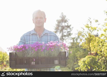 Portrait of confident man carrying crate with flower pots in garden