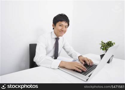 Portrait of confident mid adult businessman using laptop at office desk