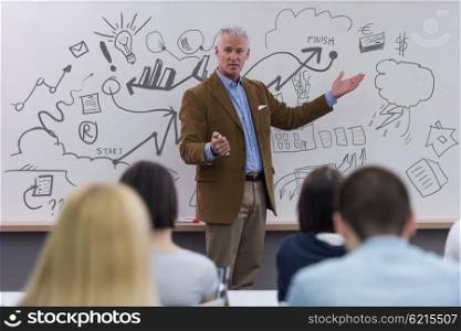 portrait of confident teacher solving problems on whiteboard in classroom