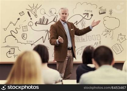 portrait of confident teacher solving problems on whiteboard in classroom