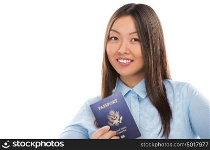 Portrait of confident young business woman holding passport