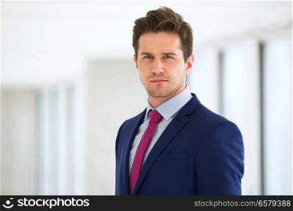 Portrait of confident young businessman wearing suit in office