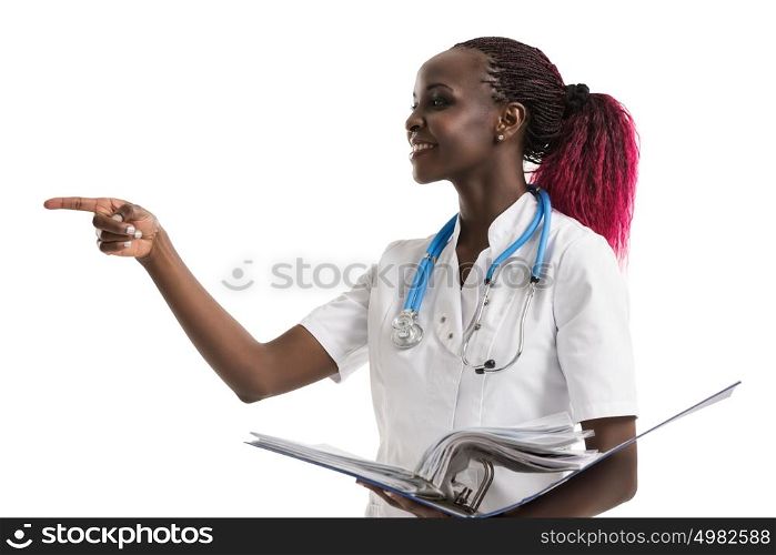 Portrait of confident young medical doctor holding medical records on white background