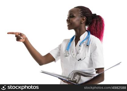 Portrait of confident young medical doctor holding medical records on white background