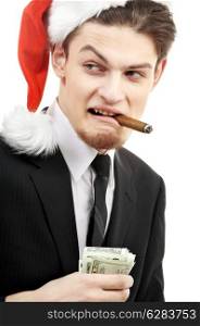 portrait of corporate suit man playing bad santa
