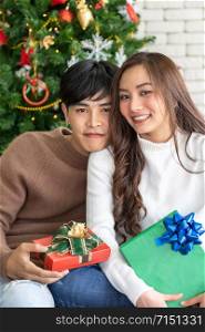 Portrait of couple holding gift box present celebraing Christmas festival holiday in living room with Christmas decoration Ornamental