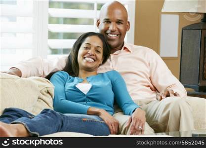 Portrait Of Couple Sitting On Sofa Together