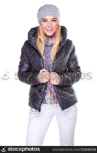 Portrait of cute blond girl wearing warm stylish jacket and hat isolated on white background, winter fashion concept