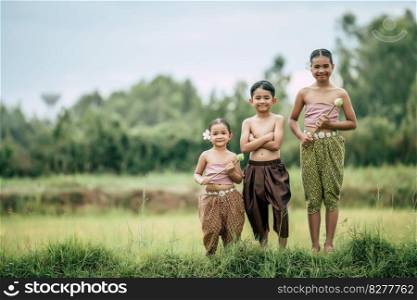 Portrait of cute boy shirtless crossed arms and two lovely girls in Thai traditional dress put beautiful flower on her ear standing in rice field, smile and looking at camera, copy space