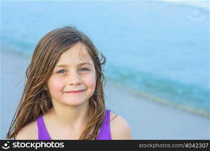 Portrait of cute girl on beach, Asbury Park, New Jersey, USA