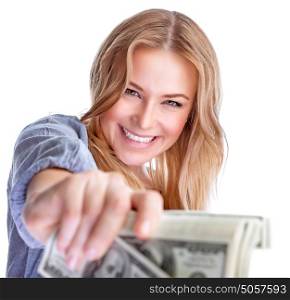 Portrait of cute happy girl holding in hand a lot american dollars, isolated on white background, spending money concept