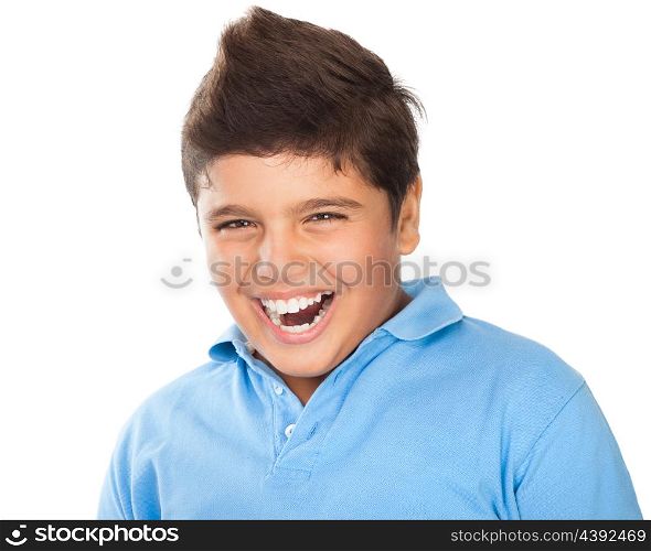 Portrait of cute happy teen boy laughing in the studio, showing white healthy teeth, dental care, cheerful kid isolated on white background