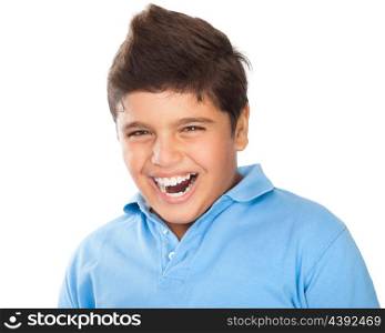Portrait of cute happy teen boy laughing in the studio, showing white healthy teeth, dental care, cheerful kid isolated on white background