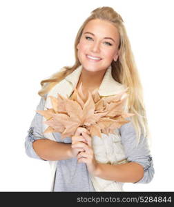 Portrait of cute happy woman with leaves bouquet in hands isolated on white background, autumn season concept