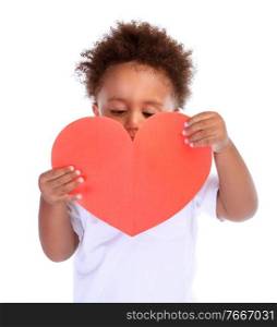 Portrait of cute little African boy with red paper heart isolated on white background, happy childhood and love concept
