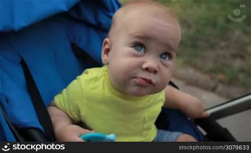 Portrait of cute little toddler boy with blue innocent eyes sitting in baby carriage with toy in his hand and looking at camera. Closeup. Adorable infant child in pram staring at father with curious look while taking a stroll with father in park.