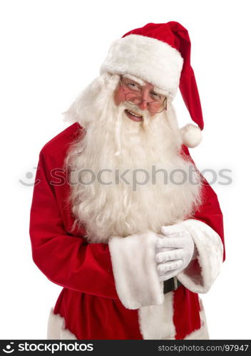 Portrait of Cute Man in Santa Claus Christmas Costume - with a Luxurious White Beard, Santa's Hat and a Red Costume - in Full Length on a White Background