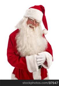 Portrait of Cute Man in Santa Claus Christmas Costume - with a Luxurious White Beard, Santa's Hat and a Red Costume - in Full Length on a White Background