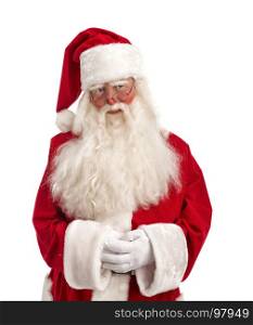 Portrait of Cute Man in Santa Claus Christmas Costume - with a Luxurious White Beard, Santa's Hat and a Red Costume - in Full Length on a White Background