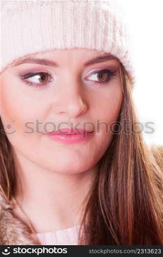 Portrait of cute pretty woman girl in hat isolated on white.