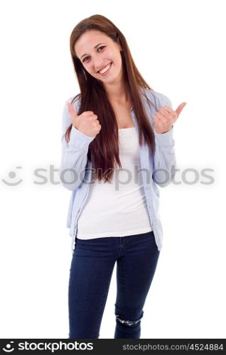 Portrait of cute teen girl showing thumbs up, isolated on white background