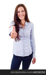 Portrait of cute teen girl showing thumbs up, isolated on white background