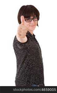 Portrait of cute woman showing thumbs up, isolated on white background