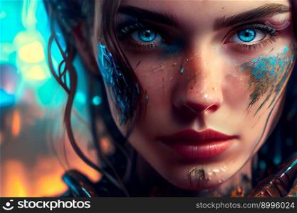 Portrait Of Cyberpunk Woman.  Image created with Generative AI technology

