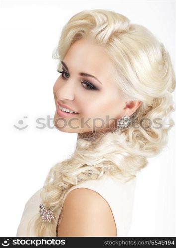 Portrait of Delighted Smiling Blonde with Tress and Jewelry