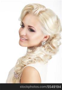 Portrait of Delighted Smiling Blonde with Tress and Jewelry