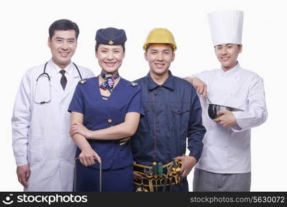 Portrait of Doctor, Air Stewardess, Construction Worker, and Chef- Studio Shot